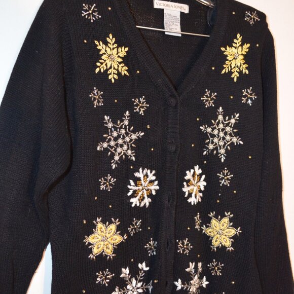 Victoria Jones (R) Knit Embroidery Christmasy Snow Flakes Beads Black Jacket S - Picture 3 of 7